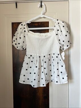 Self Esteem White Top with Black Polka Dots and Puff Sleeves